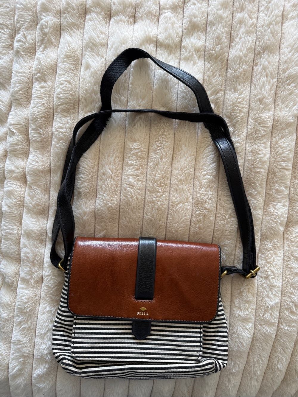 Fossil Brown Leather & Black-Striped Canvas Crossbody Bag